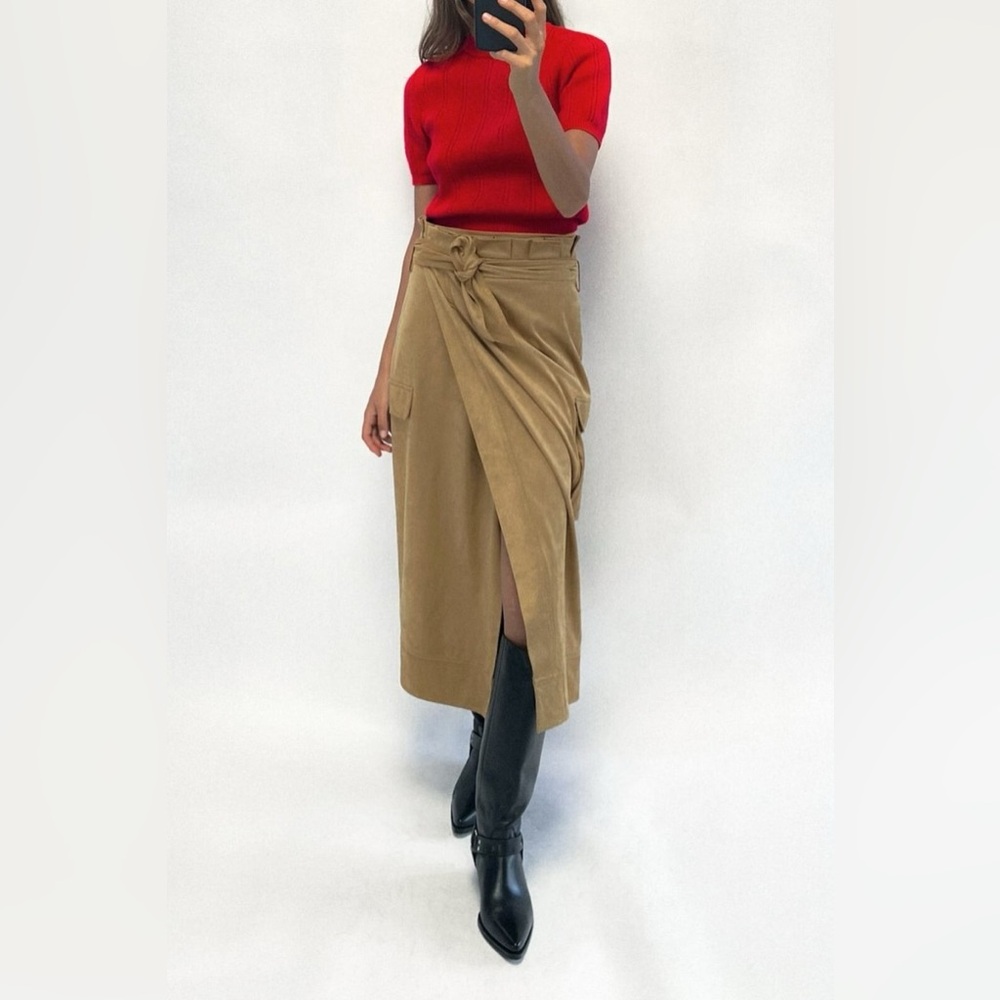 NWT Zara Camel Tan Faux Suede Wrap Paperbag Belted Waist Midi Skirt Sz S